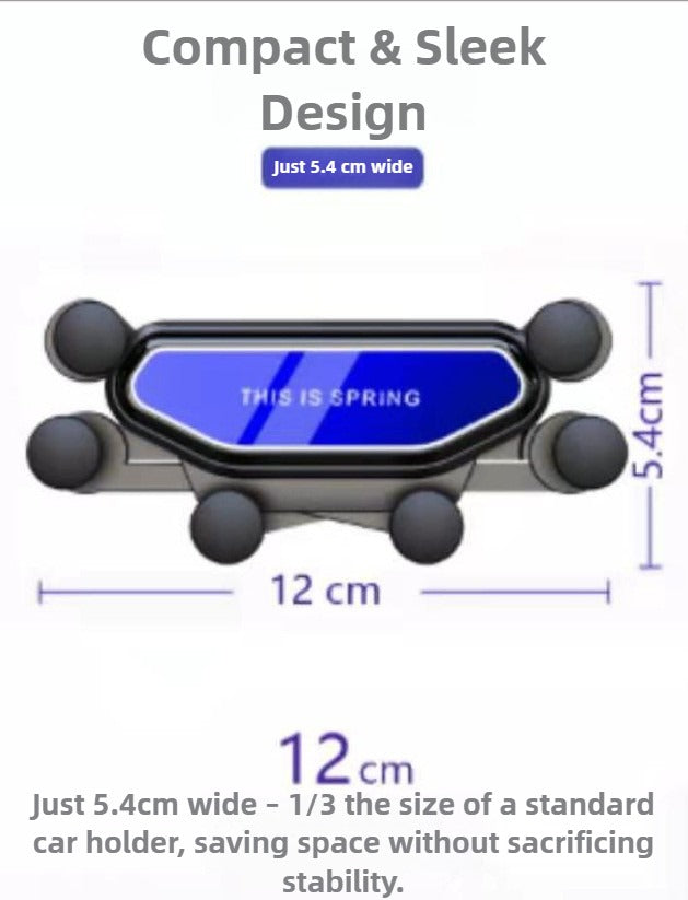 Compact car holder with dimensions and text on a white background
