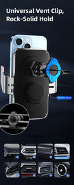Phone mount with universal vent clip on a dark background