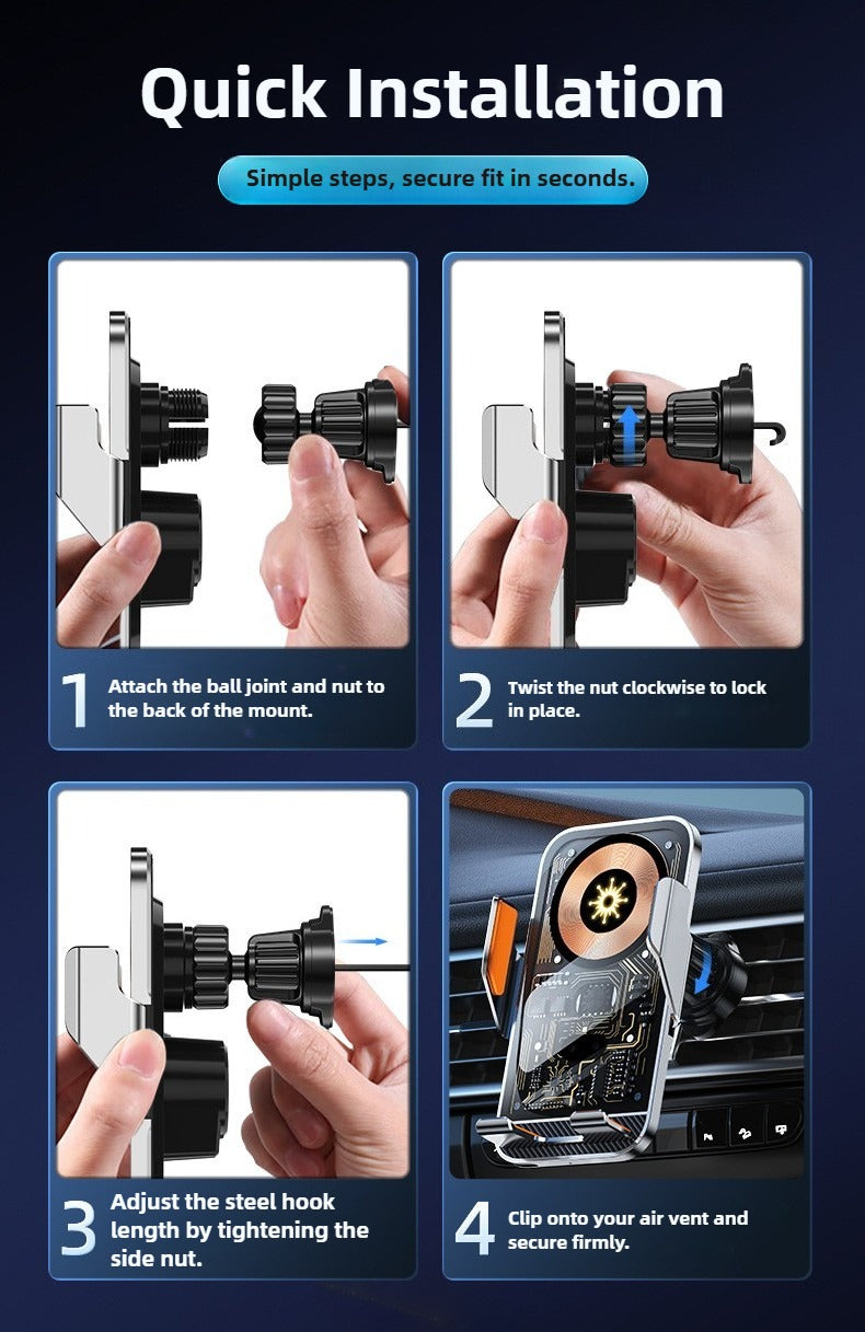 Step-by-step guide on how to install a car air vent mount with text and images.