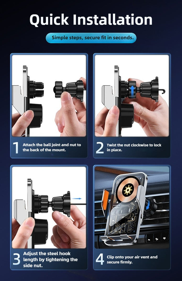 Step-by-step guide on how to install a car air vent mount with text and images.