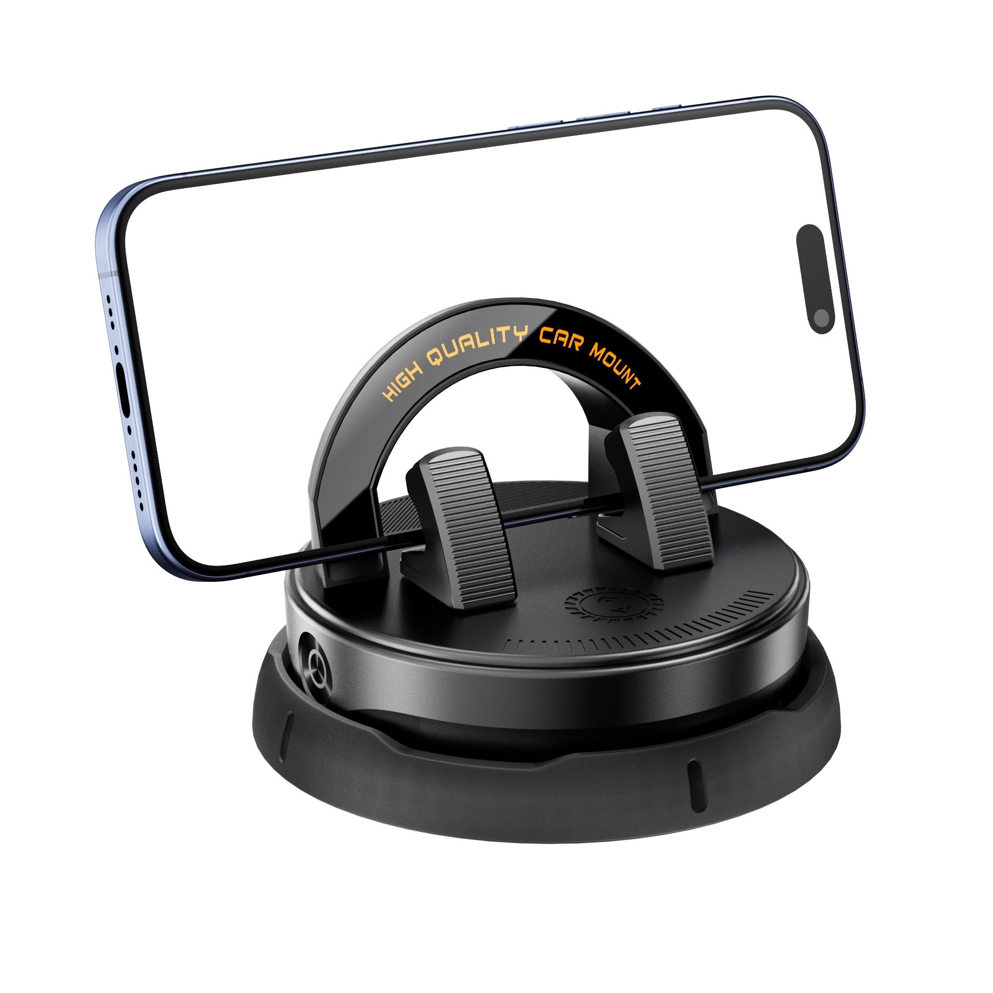 Black car mount holding a smartphone on a white background