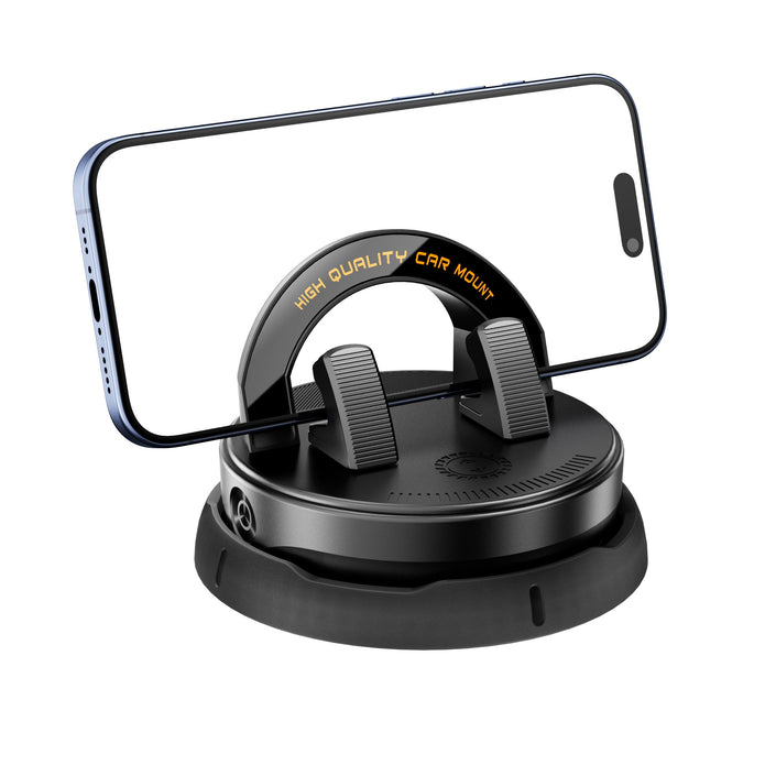 Black car mount holding a smartphone on a white background