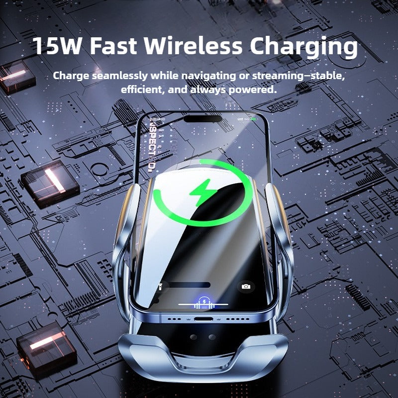 Wireless charging pad with smartphone on a circuit board background, highlighting 15W fast wireless charging.