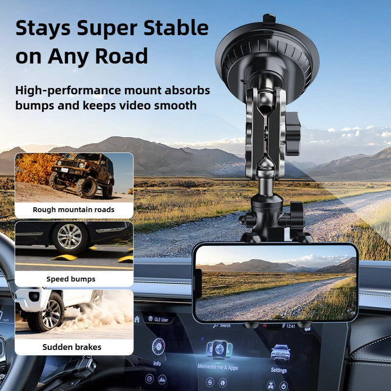 Phone mount on car dashboard with scenic road view, text about stability on roads.