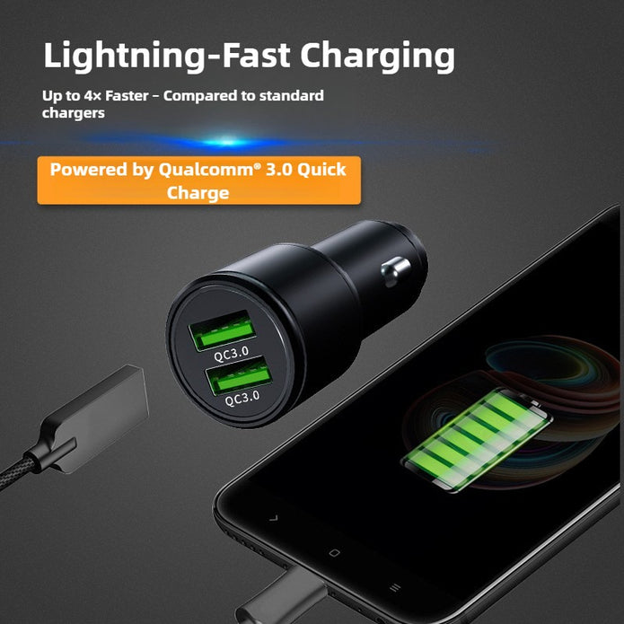 Car charger with two USB ports charging a smartphone, featuring Qualcomm 3.0 Quick Charge technology.