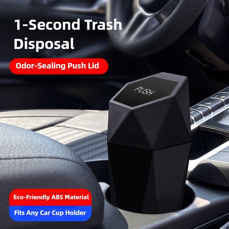 Car trash disposal device with push lid in a car cup holder, featuring text about features.