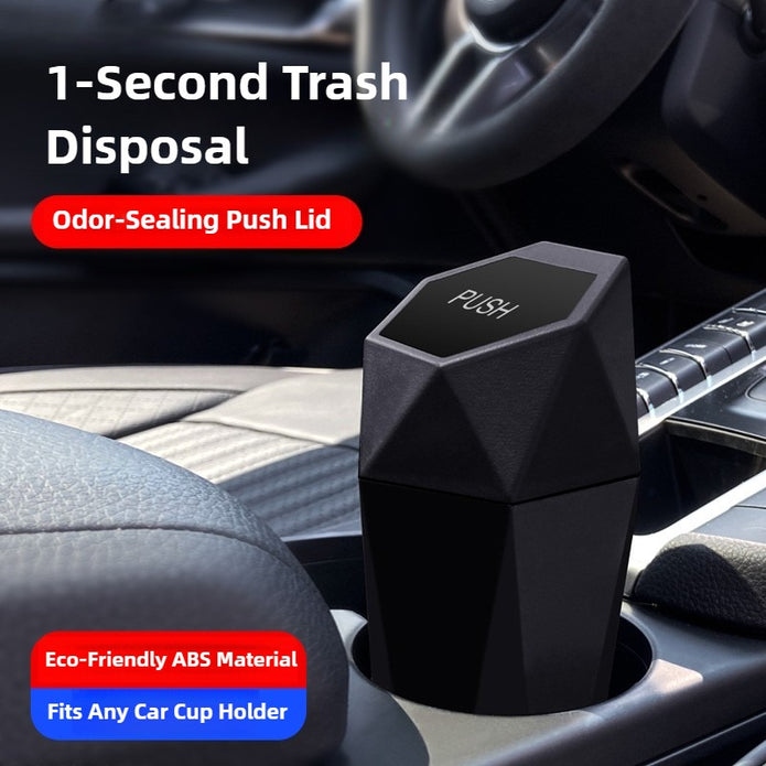 Car trash disposal device with push lid in a car cup holder, featuring text about features.