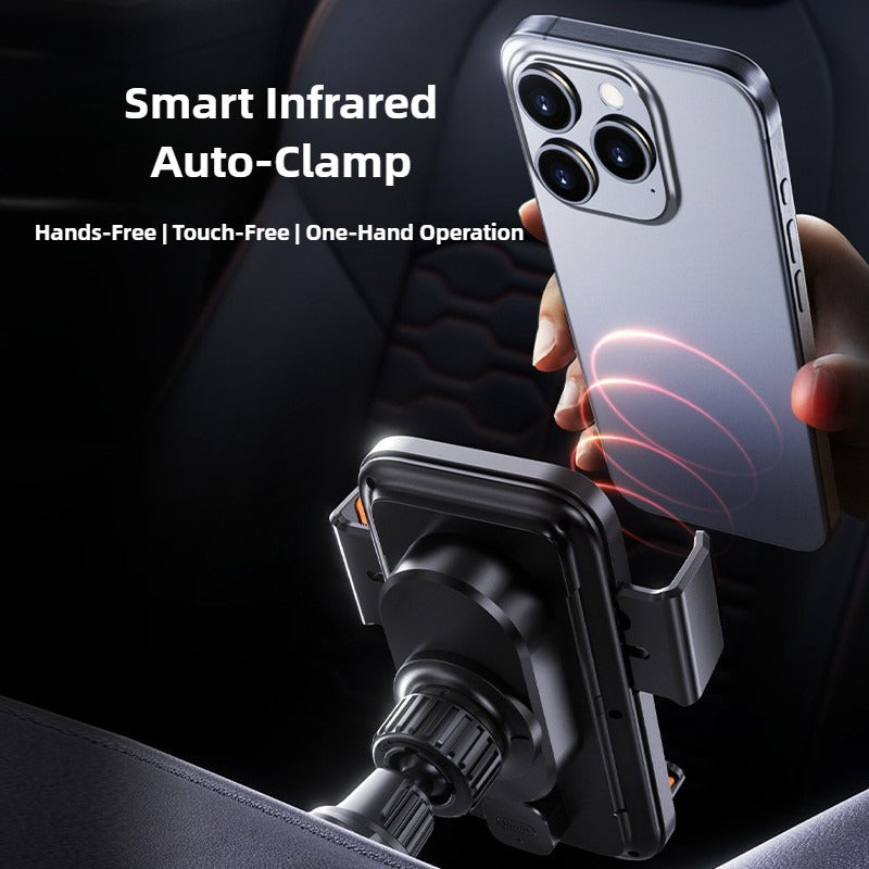 Smart infrared auto-clamp holding a phone with text on a dark background