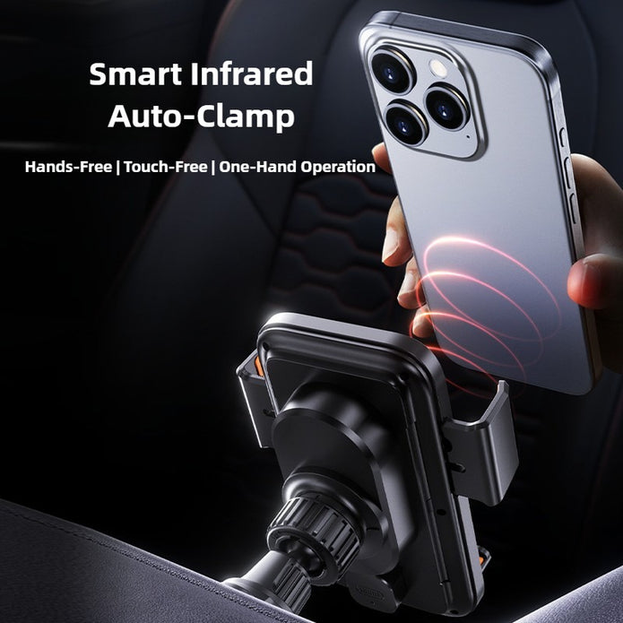 Smart infrared auto-clamp holding a phone with text on a dark background