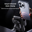 Smart infrared auto-clamp holding a phone with text on a dark background