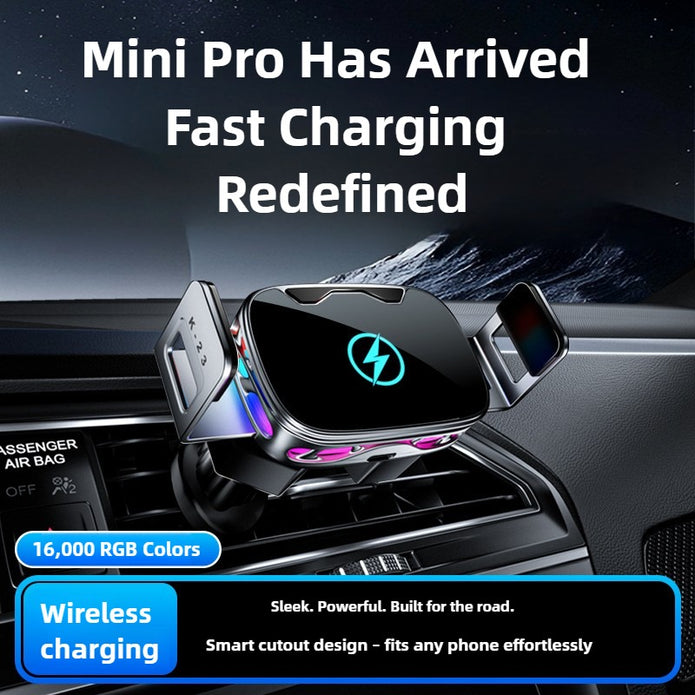 Wireless charging device in a car dashboard with text highlighting features.