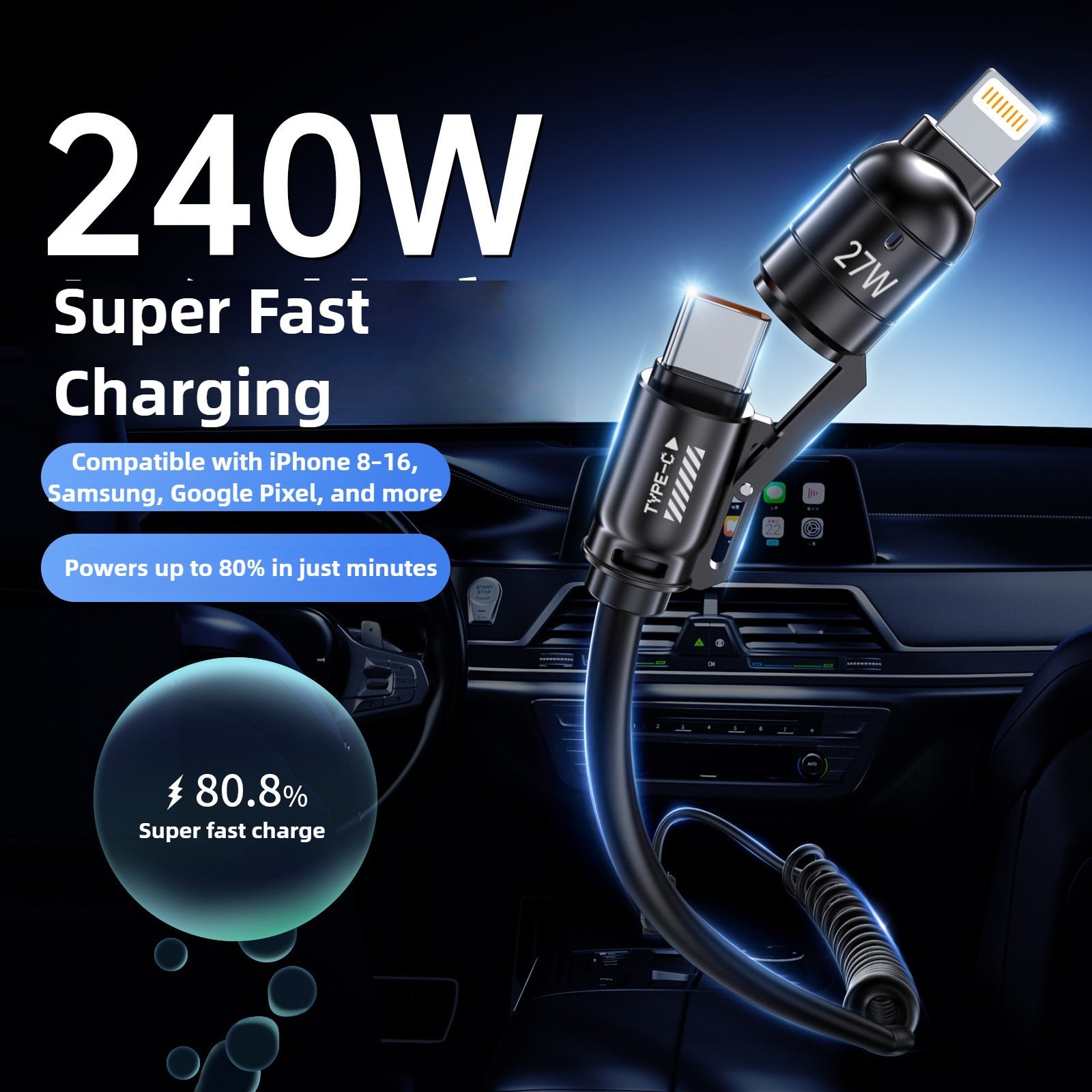 Car charger with multiple ports on a dark background, highlighting 240W super fast charging capability.