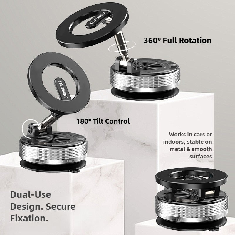 Phone holder with 360-degree rotation and 180-degree tilt control on a light gray background.