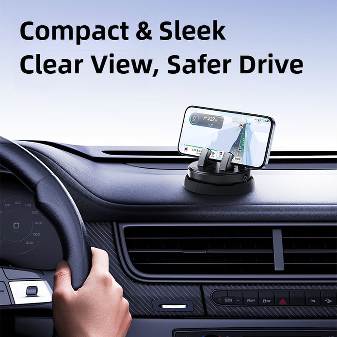 Car dashboard with a phone mount displaying navigation, text 'Compact & Sleek Clear View, Safer Drive'.
