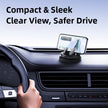Car dashboard with a phone mount displaying navigation, text 'Compact & Sleek Clear View, Safer Drive'.