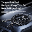 Tangle-free coil cable on a car dashboard with text highlighting its benefits.