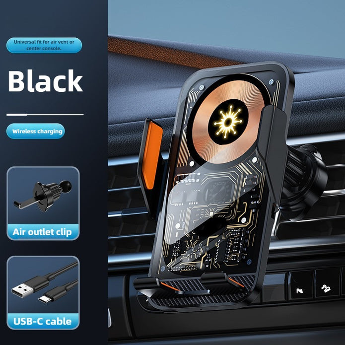 Car phone holder with wireless charging feature, air outlet clip, and USB-C cable on a car interior background.