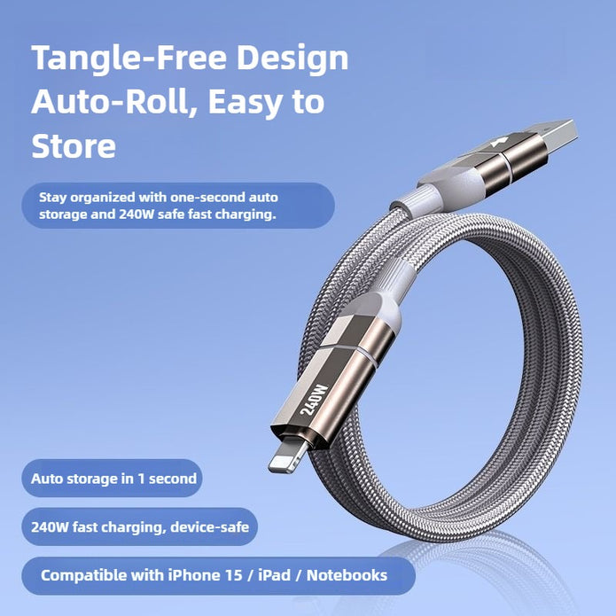 Tangle-free charging cable with auto-rollover feature on a blue background