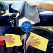 Person cleaning car interior and exterior with cloths, emphasizing 'Effortless Shine, Every Drive'.