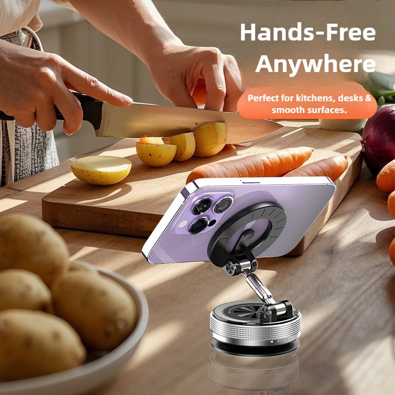 Smartphone holder on a kitchen counter with a person cutting vegetables, text 'Hands-Free Anywhere' displayed.