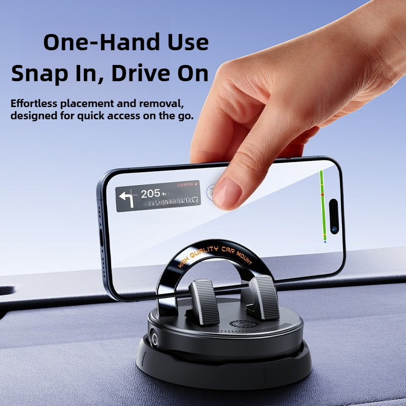 Hand placing a smartphone on a car mount with text highlighting ease of use.