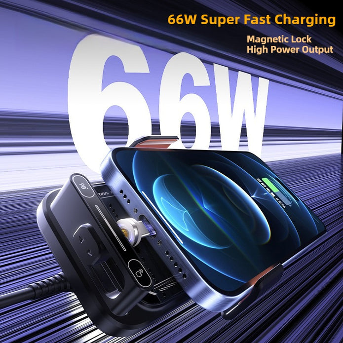 66W super fast charging device with magnetic lock and high power output on a blue and black background.