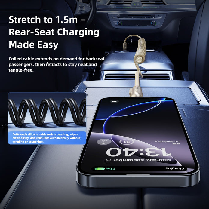 Car interior with a phone on a charging pad and an extended cable, with text about rear-seat charging.