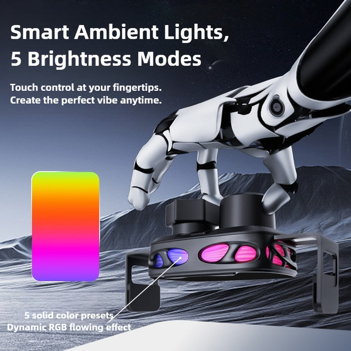 Smart ambient light device with robot arm and color gradient on dark background