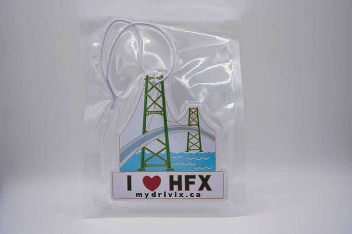 Sticker with a bridge design and 'I ❤️ HFX' text on a clear background