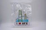 Sticker with a bridge design and 'I ❤️ HFX' text on a clear background