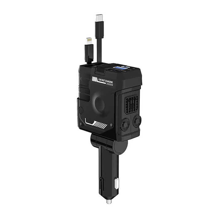 Black car charger with USB port on a white background