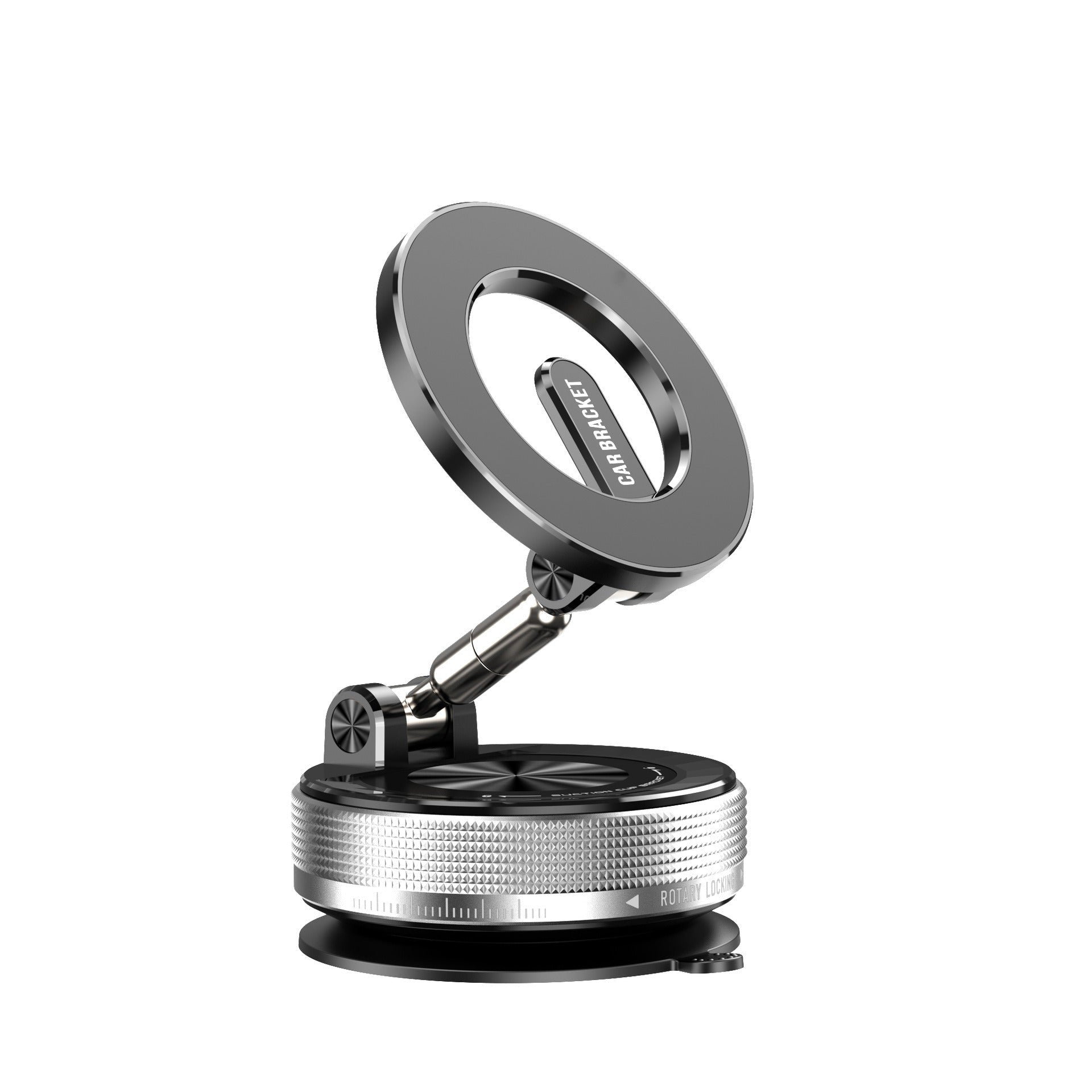 Metal stand with adjustable ring on a white background