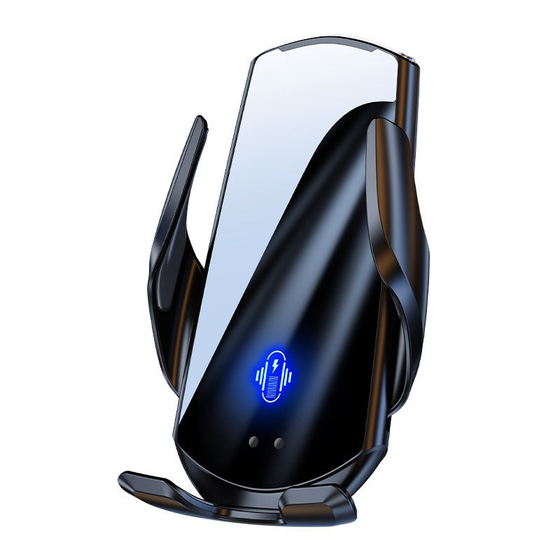 Black and silver phone holder with blue light on a white background