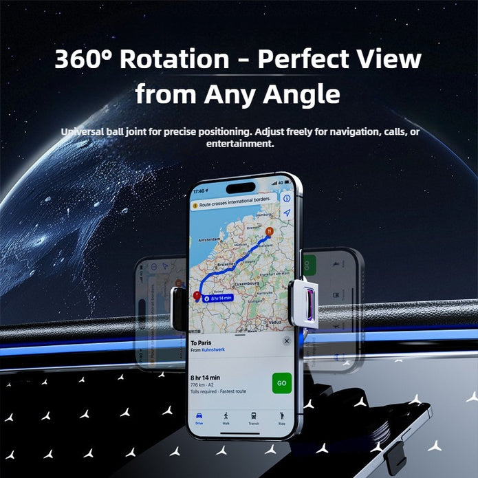 Smartphone with a map application displayed, held by a 360-degree rotation holder against a space-themed background.