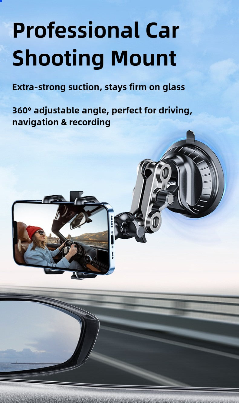 Professional car shooting mount with 360-degree adjustable angle on a car window.