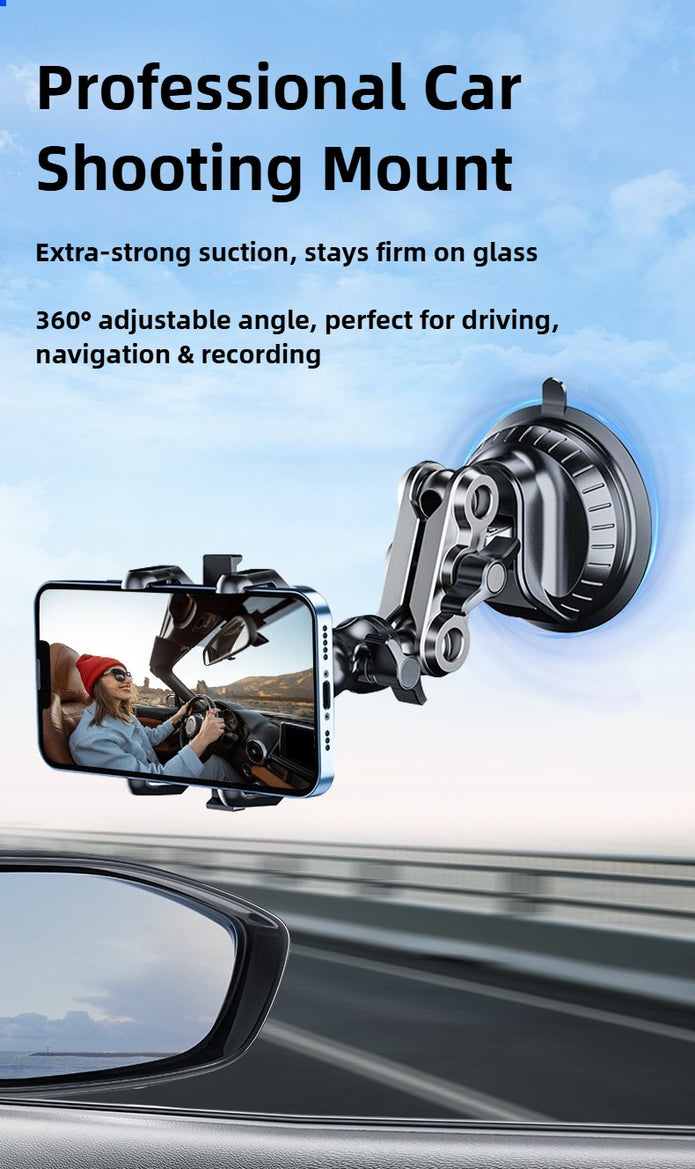 Professional car shooting mount with 360-degree adjustable angle on a car window.