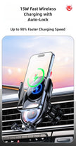 Wireless charging car mount with auto-lock feature in a car interior setting