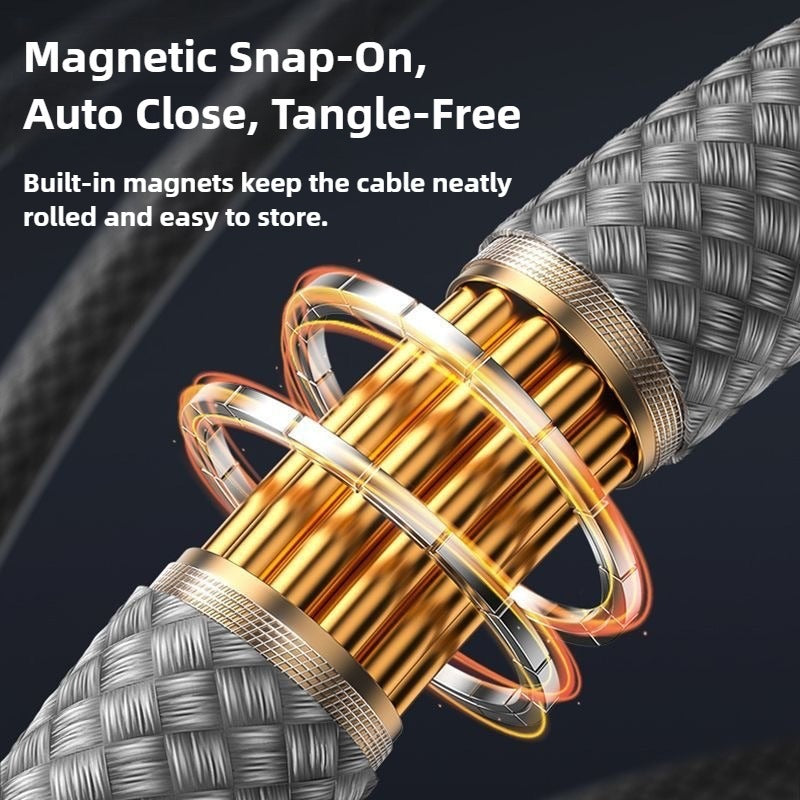 Magnetic cable connector with gold and silver design on a dark background