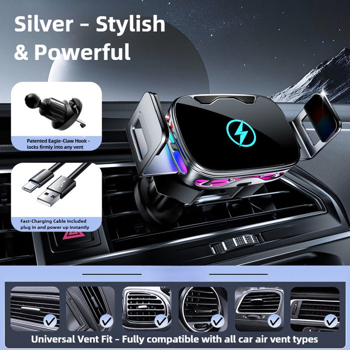 Car air vent mount with charging cable on a car dashboard, featuring text about its features.