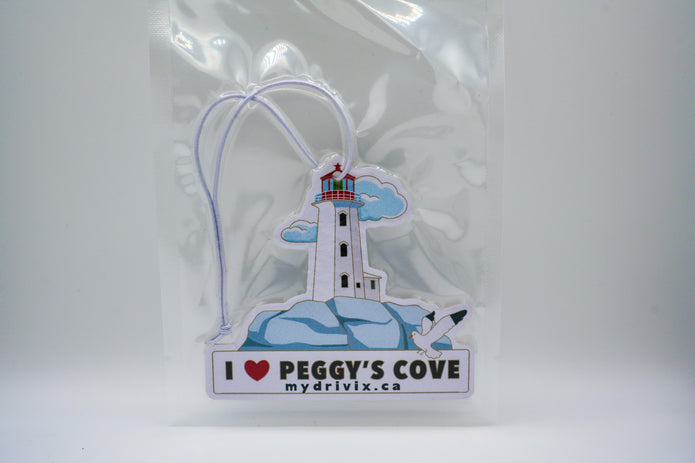 Lighthouse-themed car air freshener with 'I ❤️ Peggy's Cove' text on a white background