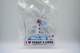 Lighthouse-themed car air freshener with 'I ❤️ Peggy's Cove' text on a white background