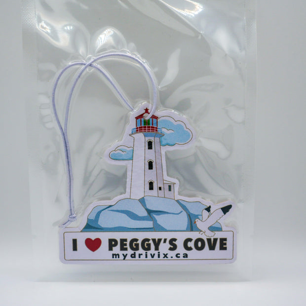 Lighthouse-themed car air freshener with 'I ❤️ Peggy's Cove' text on a white background