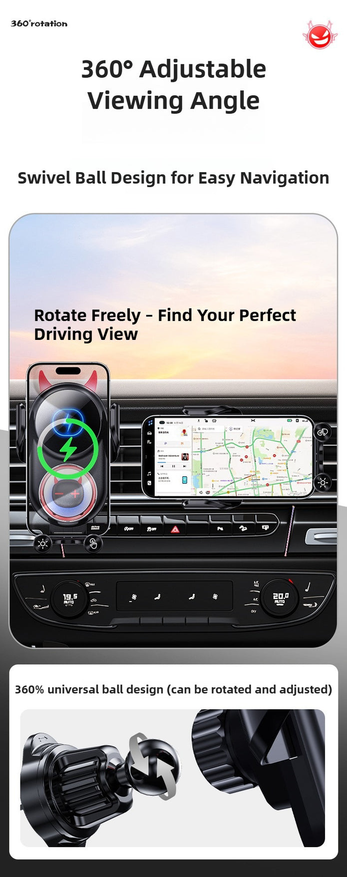 Car mount with swivel ball design for easy navigation and 360-degree adjustable viewing angle.