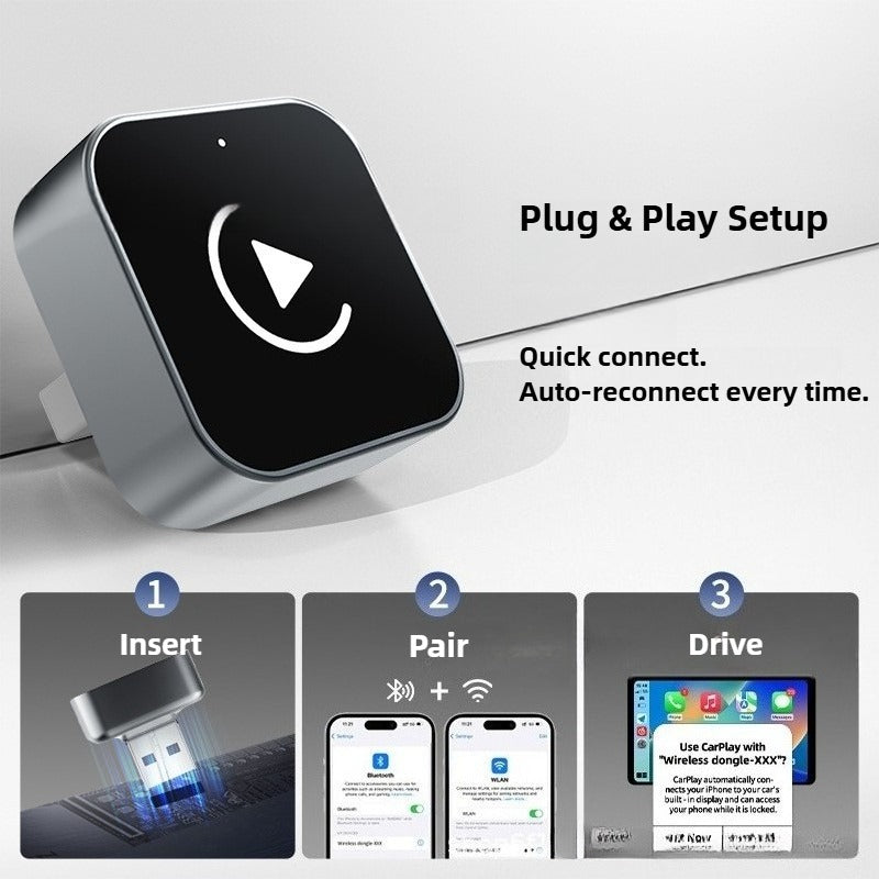 Square device with play icon on a white background, featuring text about plug-and-play setup.