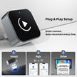 Square device with play icon on a white background, featuring text about plug-and-play setup.