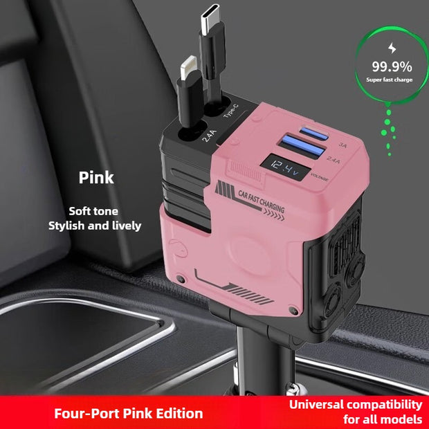 Pink universal charger with multiple ports on a car dashboard.