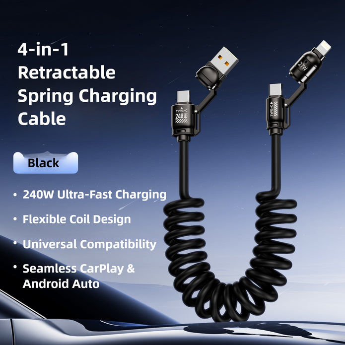 4-in-1 retractable spring charging cable with multiple connectors on a car dashboard background.
