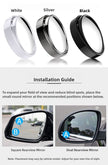 Three round car mirrors in white, silver, and black with installation guide text.