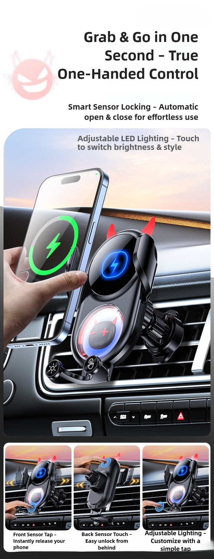 Smart phone holder in car with adjustable LED lighting and one-handed control feature.