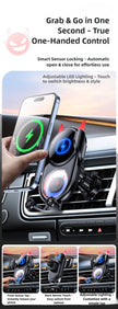 Smart phone holder in car with adjustable LED lighting and one-handed control feature.